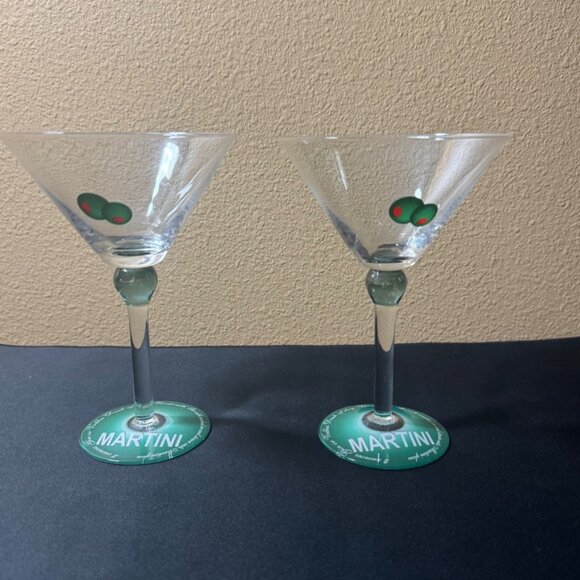 Martini Glasses With Hand Painted Olive Design & Green Base Set Of Two - Picture 1 of 7